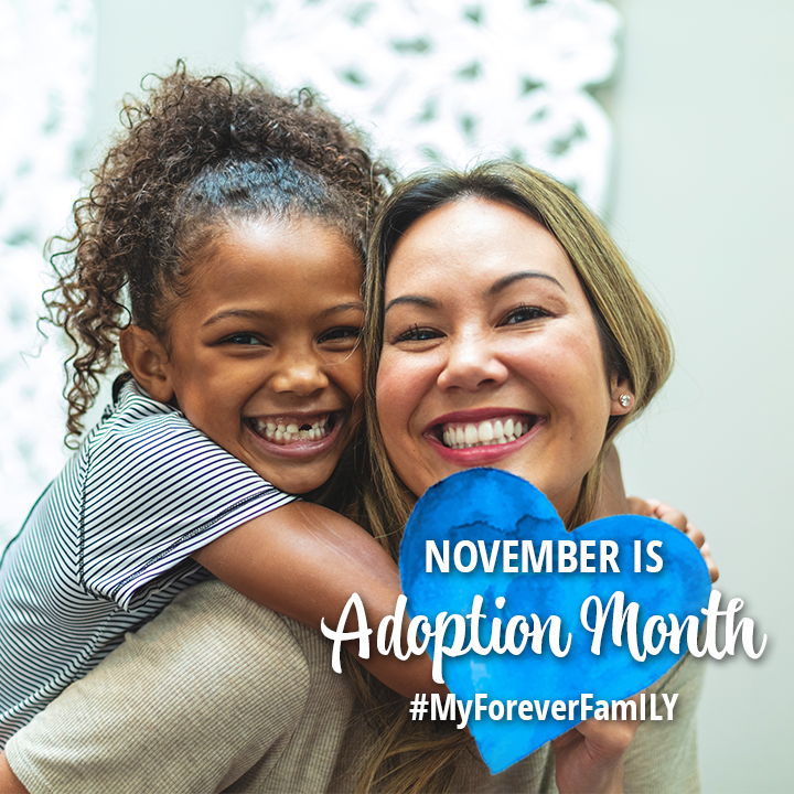 mother holding child piggy back with November is Adoption Month text overlay over blue heart